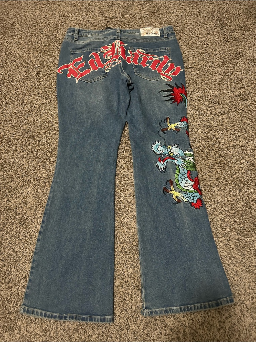 Ed Hardy Blue Denim Dragon Embroidered Flared Jeans